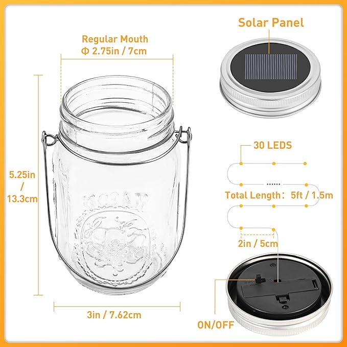 GIGALUMI Hanging Mason Jar Solar Lights, 6 Pack 30 Led Tinplate Lids Hanging Solar Lanterns Outdoor Waterproof, Hangers and Jars Included, Outdoor Decor for Balcony, Garden, Patio, Yard, Wedding