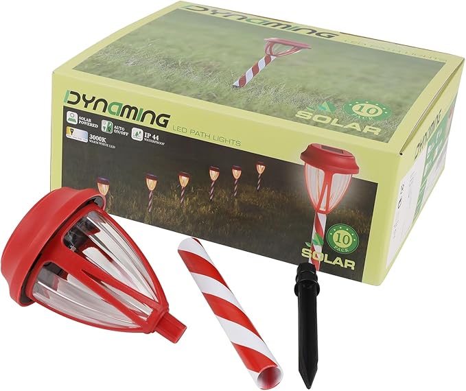 Dynaming 10Pack Solar Christmas Garden Lights, Outdoor Solar Powered Solar Candy Cane Pathway Markers, Waterproof & Auto On/Off Xmas Decorative Lights for Patio Yard Walkway Driveway Decor, Warm White