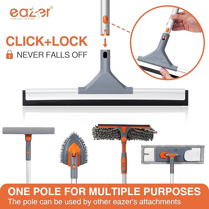 Eazer Floor Squeegee Broom: Heavy Duty Scrubber with Extendable 50.3'' Aluminum Pole and Rubber Blade for Kitchen, Swimming Pool, Concrete Floors,Shower,Tiles,Garages,Windows,Glass,Pet Hair Removal