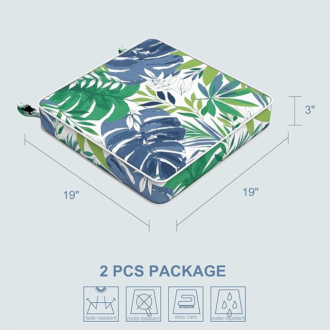LVTXIII Patio Chair Cushions 19"x19"x3", Water-Repellent Outdoor Seat Cushions for Patio Furniture, Square Chair Pads with Ties for Home Garden Decoration, Set of 2, Islamorada Blue Green