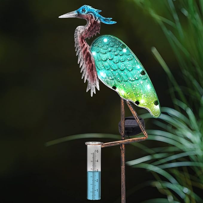 Heron Rain Gauge Solar Stake Outdoor, 43’’ Solar Rain Gauge LED Lights with Rainfall Gauge for Garden, Yard, Lawn, Pathway, Patio