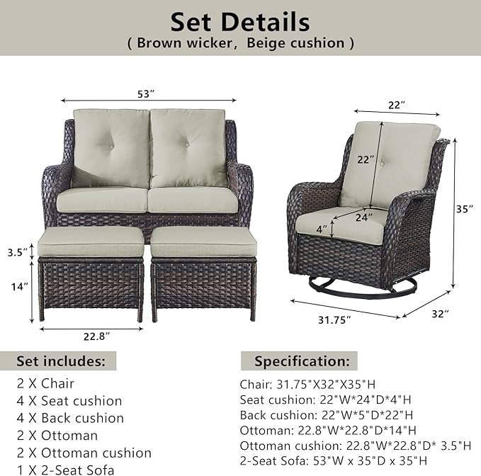 5 Piece Outdoor Patio Furniture Set - Wicker Furniture Patio Conversation Set, Outdoor Swivel Rocker Chairs with Loveseat Sofa and 2 Ottomans for Small Space, Beige Cushion