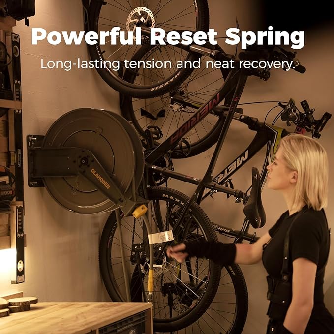 Double Arm Retractable Air Hose Reel, 3/8 in × 65 ft Hybrid Hose Heavy Duty Steel Professional Air Compressor Hose Reel with 5 ft Lead in Max 300PSI Auto Rewind Quick Coupler Swivel Fitting