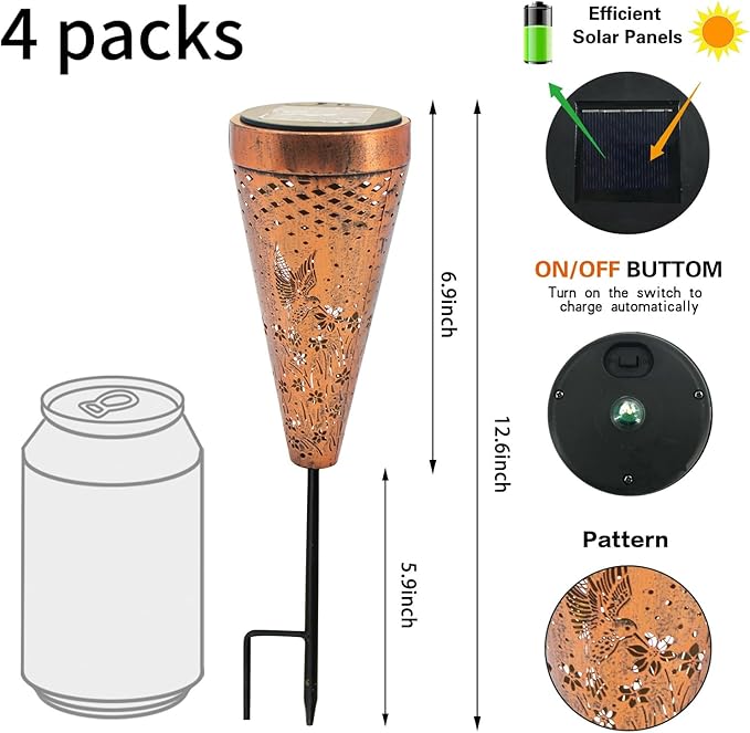 DIBIEECN 4 Pack Hummingbird Solar Pathway Lights Outdoor,Metal Garden Decorations Outdoor Lights with Patterns and Warm Light,Waterproof Landscape Lighting for Path Patio Backyard Walkway Yard