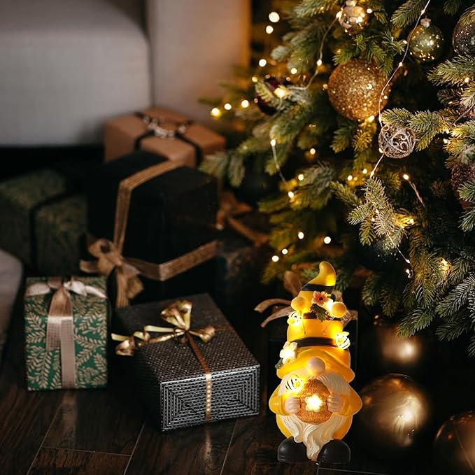 Garden Figurines Gnome Statue Decorations - Solar Resin Spring Bee Gnome Figurine Solar Garden Lights Outdoor Decorations Waterproof for Patio,Yard,Lawn,