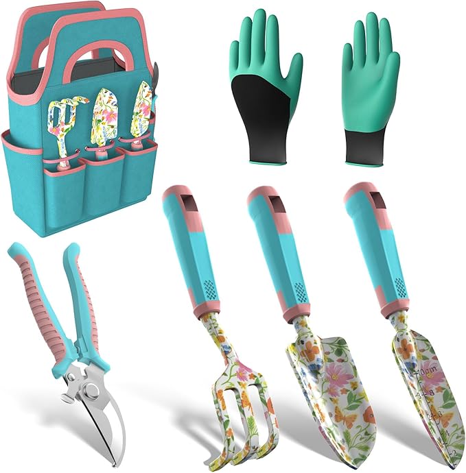 6 Pcs Garden Tool Set, Gardening Hand Tools Aluminum Alloy Starter Kit with Garden Bag, Heavy Duty Outdoor Tool Set with Ergonomic Handle, Gardening Gifts (Flower Pattern)