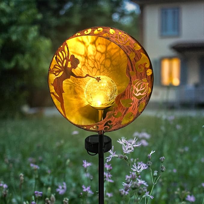Fairy Solar Garden Light, Decorative Outdoor Statue, Moon Star Decor Stake, Metal Sculpture Decoration for Yard, Lawn, Patio, Pathway, Housewarming, Birthday Gift for Mom, Grandma, Women