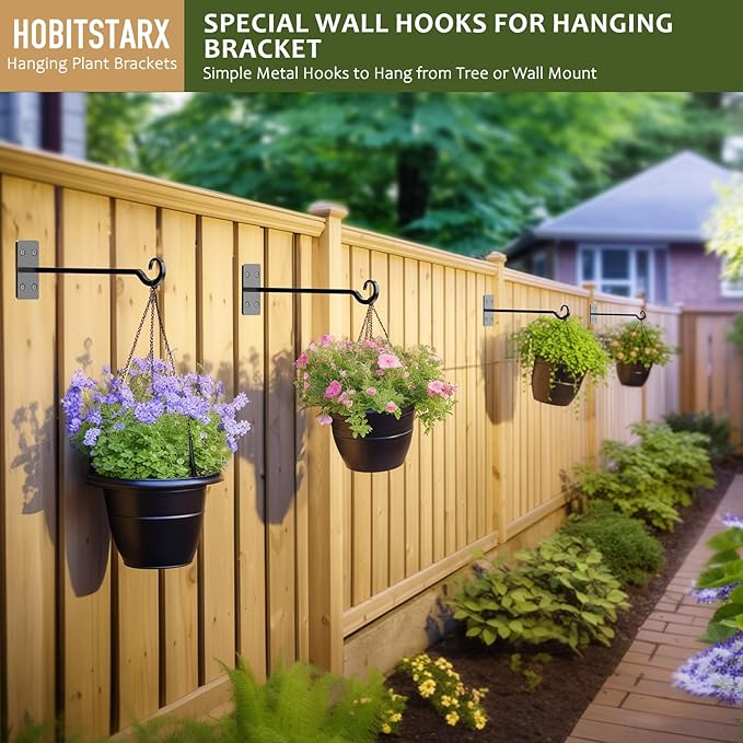 Heavy Duty Plant Hangers Outdoor- Hand-Forged Hanging Plant Brackets - 2 Pack 12 Inch Black Wrought Iron Wall Plant Hooks for Hanging Plants, Lanterns, Bird Feeders