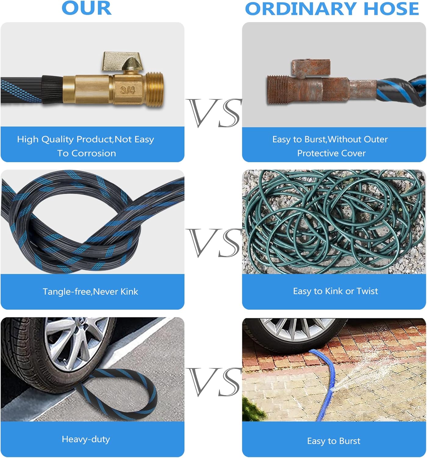 50ft Garden Hose - Water Hoses w/10 Function Spray Nozzle, 2025 New Superior Strength Flexible Hose, 3/4" Brass Connectors- Leakproof Lightweight Water Pipe for Gardening(Blue Black)