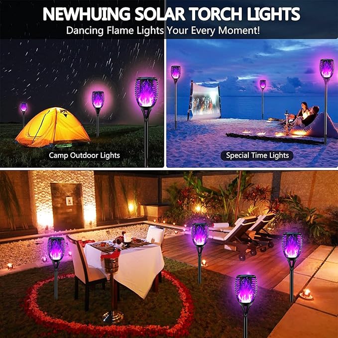 4PCs Halloween Solar Torch Lights Outdoor, 43in 96 LED, Waterproof Landscape Garden Pathway Light with Purple Vivid Dancing Flickering Flames, Auto On/Off Dusk to Dawn for Halloween Lights Decoration