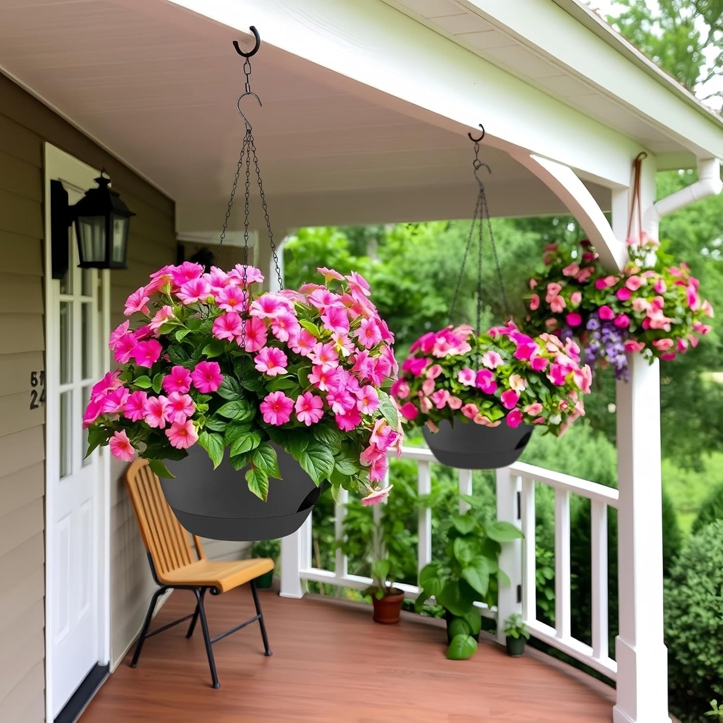 2 Pack 12 Inch Large Hanging Planters with Chains Self Watering Black Plastic Hanging Pots for Indoor Outdoor Plants, Garden Porch Home Decor,Black