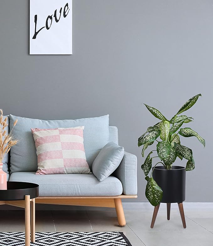 D'vine Dev 10 Inch Planter Pot with Stand, Mid-Century Tall Plant Pot with Legs for Indoor Plants, Medium, Black, 88-O-B-2