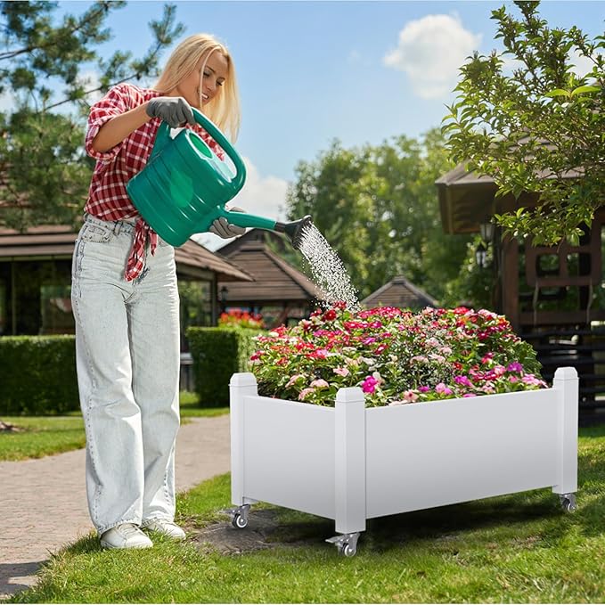 Horticulture Garden Bed with Legs, Divisible Resin Planter Box for Backyard, Patio, Balcony, with 4 Legs, 4 Swivel Lockable Wheels(Ashen,30.04 * 17.72 * 17.56)