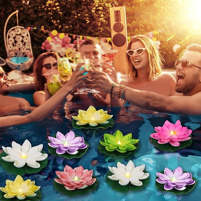 12 PCS Waterproof Floating Lotus Light - Diwali 5 Inch Floating Flower Light Battery Operated Water Activated Warm White Light Pool Flower Lamp Wedding,Anniversary,Garden Decoration(Mix-Color)