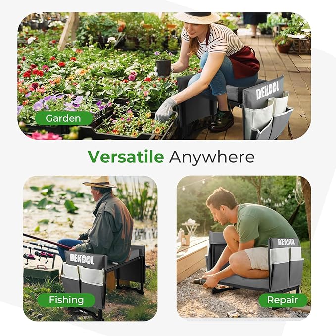 Garden Kneeler and Seat with Upgraded Wide & 3" Thick Kneeling Pad, Heavy Duty Garden Stool with 2 Large Tool Bags, Portable Bench for Planting, Weeding, Gardening Gifts for Women, Men, Seniors