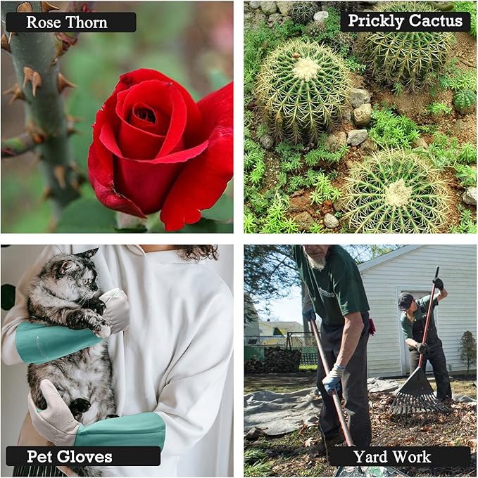 HANDLANDY Long Gardening Gloves for Men & Women, Thorn Proof Rose Pruning Gloves Leather Gauntlets Garden Glove Yard Work Glove (Medium, Green)