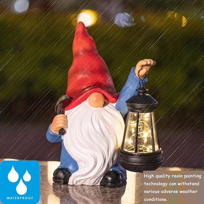 Garden Gnome Statue Solar Light Outdoor Decorations Figurine with Lantern Led Shovel Sculpture Lawn Patio Yard Porch Outside Christmas Housewarming Gifts for Women Mom Grandma