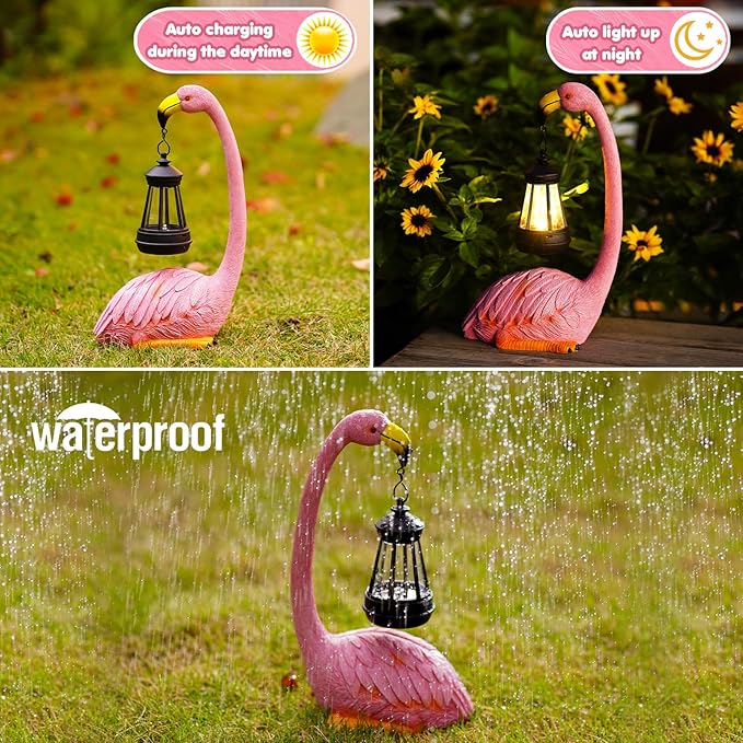 Garden Flamingo Statue with Solar Lantern - Outdoor Statue Yard Art for Patio Lawn Balcony, Unique Flamingo Gifts for Mom Women Grandma