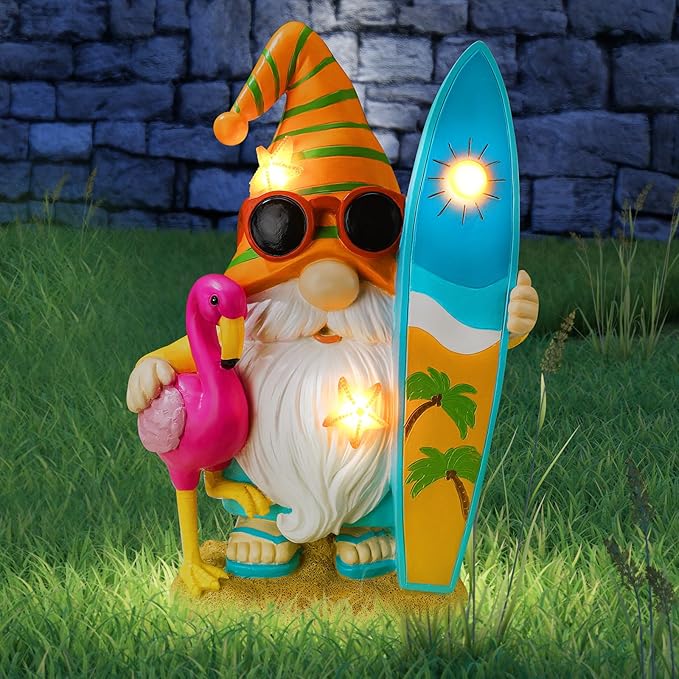 Funny Solar Gnomes Garden Decor Surfer Gnome Figurine with Flamingo Summer Beach Gnomes Solar Light Outdoor Funny Lawn Statue for Patio, Lawn, Yard, Porch,holiday Women Gift,9.1 Inch Tall