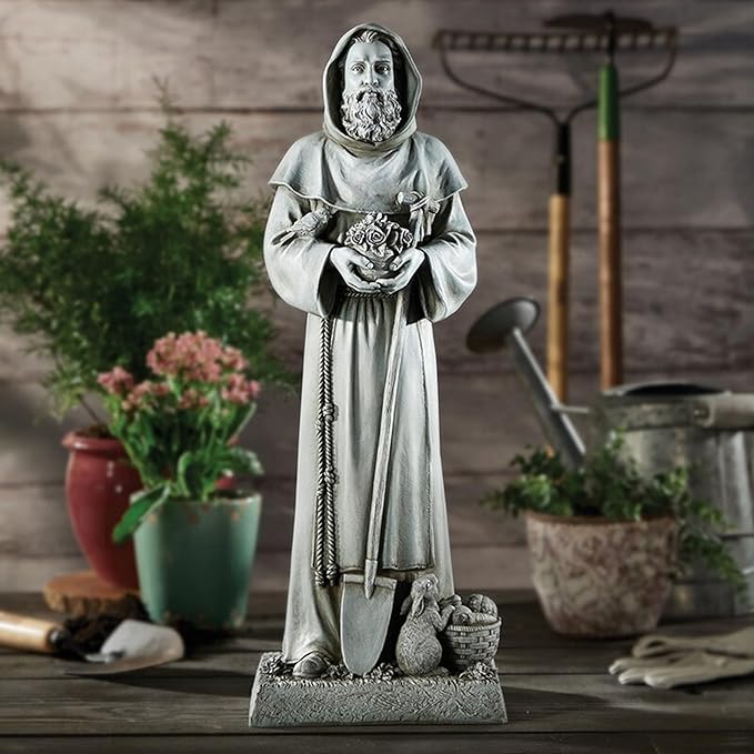 Garden Statue - Stone-Resin Saint Fiacre Indoor/Outdoor Catholic Sculpture, 24" Tall
