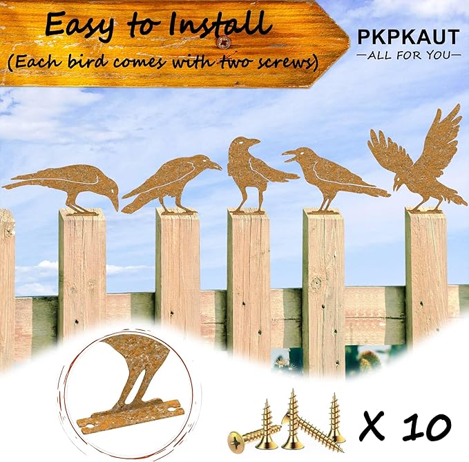 5Pcs Rusty Birds Metal Art Crow for Fence Decorations Outdoor, Metal Birds Craft Statue Ornaments Fence Topper Decor, Metal Bird Silhouette with Rusty Yard Art