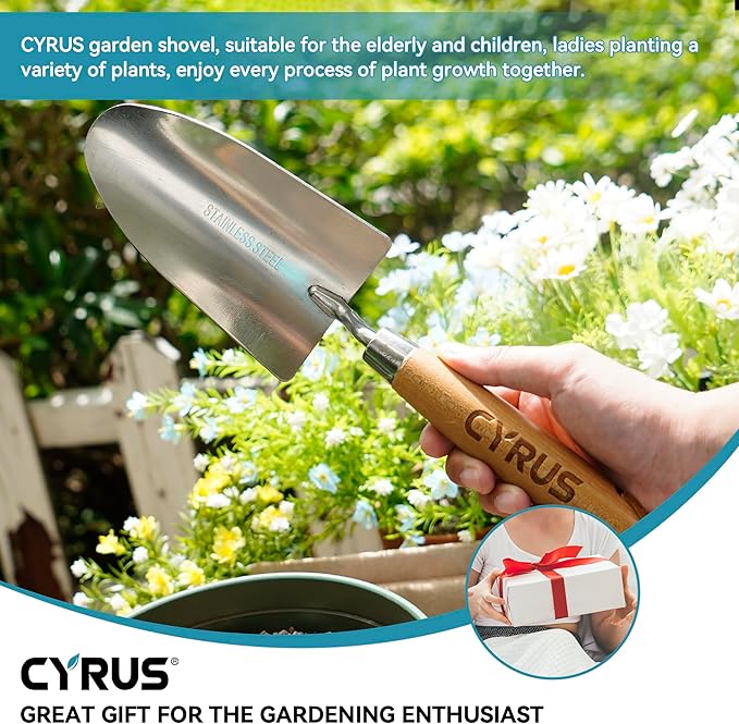 CYRUS 12.6”Garden Trowel,Heavy Duty Large Size Stainless Steel Garden Shovel with Ash Wood Handle,Suitable for Planting,Measuring,Weeding Multi-Functional Garden Spade