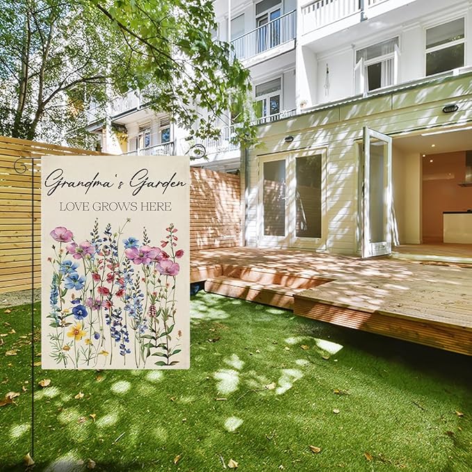 Grandma's Garden Flag Welcome Sign Love Grows Here Flag Gift Flower Decoration Small Double Sided Burlap art Stained Glass Style Garden Flags 12 x 18 Inch for Outside