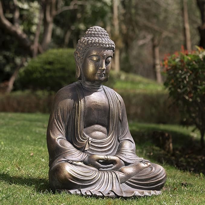 Glitzhome GH20384 22.75" Indoor Outdoor Sitting Meditating Buddha Zen Statue, 22.75 Inch Tall, Bronze