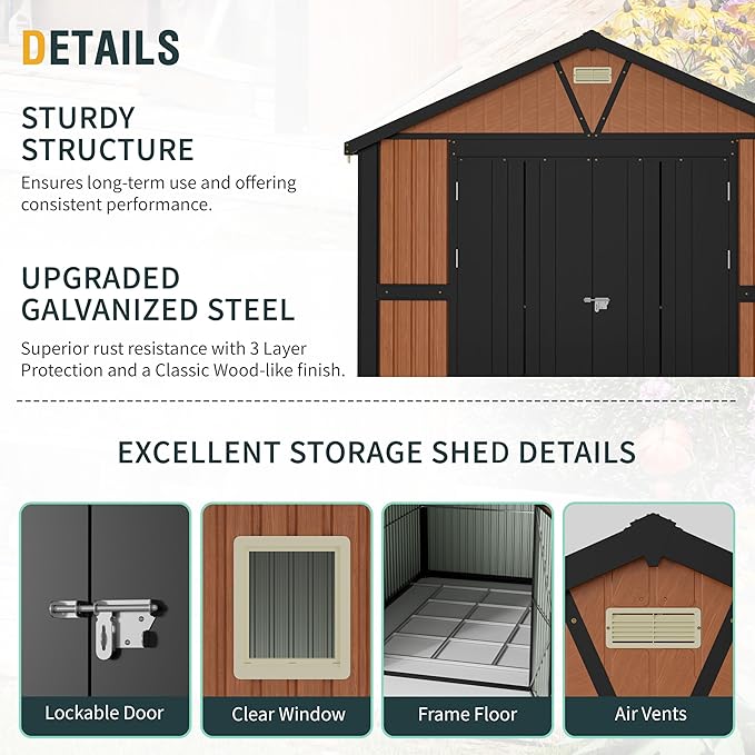 10x12 Ft Outdoor Storage Shed, Extra Large Metal Shed with Frame Floor, Lockable Doors, 2 Windows, Outside Steel Tiny House Ideal for Garden, Backyard, Patio Utility, Tool Storage