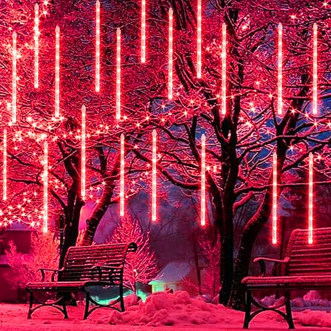 Dazzle Bright 288 LED Christmas Light, 11.8 Inch Meteor Shower Rain Lights with 8 Tubes,Waterproof Plug in Falling Rain Lights Christmas Decorations for Xmas Bushes Tree Yard Party (RED)