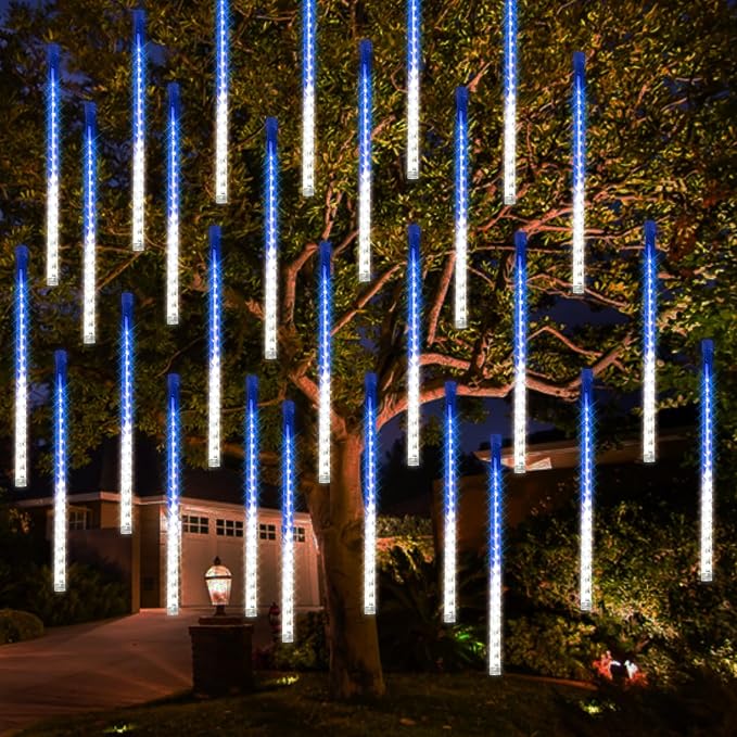 Dazzle Bright 288 LED Christmas Light, 11.8 Inch Meteor Shower Rain Lights with 8 Tubes,Waterproof Plug in Falling Rain Lights Christmas Decorations for Xmas Bushes Tree Yard Party, Blue and White