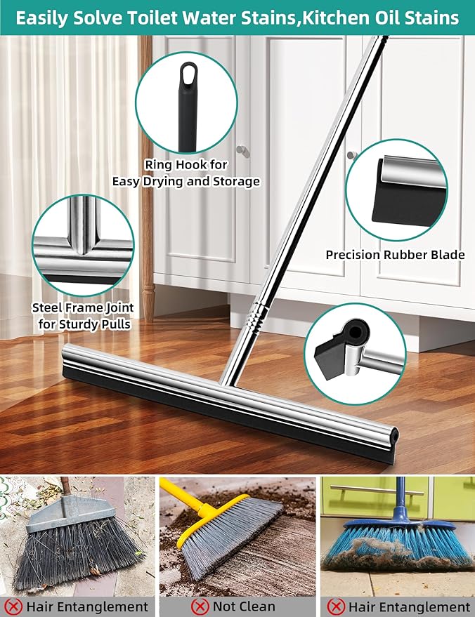 Floor Squeegee Scrubber 59" Long Stainless Steel Handle with 10" Wide Silicon Rubber Blade for Floor Washing and Drying Shower Glass, Garage, Windows, Marble, Wood Surfaces