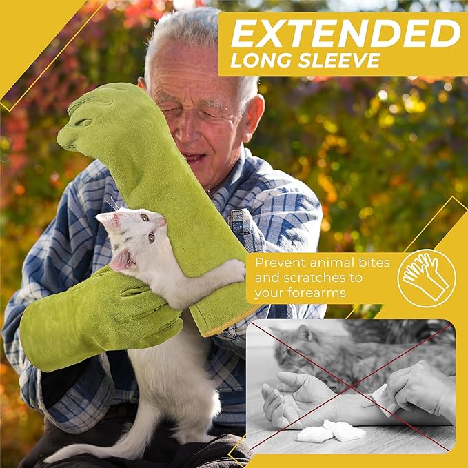 HANDLANDY Animal Handling Gloves, Bite Proof Cat Gloves, Ideal for Rose Pruning, Gardening, Falconry, Pet Grooming (Ginger yellow, 16 Inches)