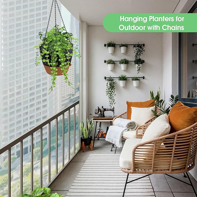 Hanging Planters for Indoor Outdoor Plants, 2 Pack Self Watering Hanging Pot with Drainage Holes, Removable Tray & 2 Kinds of Plant Hangers, 10'' Hanging Flower Pots for Home Garden Decor, Black