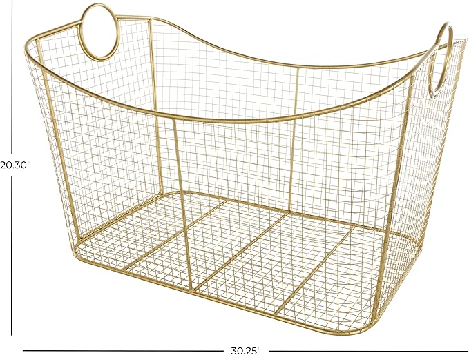 Deco 79 Metal Geometric Decorative and Functional Storage Basket Wire Grid Basket Organizer with Curved Edges Ring Handles, Basket for Storage 30" x 20" x 20", Gold