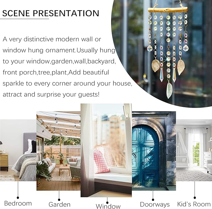 HDCRYSTALGIFTS Hanging Window Suncatcher Rainbow Maker Glass Crystal Mobile Wind Chimes with AB Prisms & Natural Leaf Drops Autumn Home Wall Art Decoration Gift