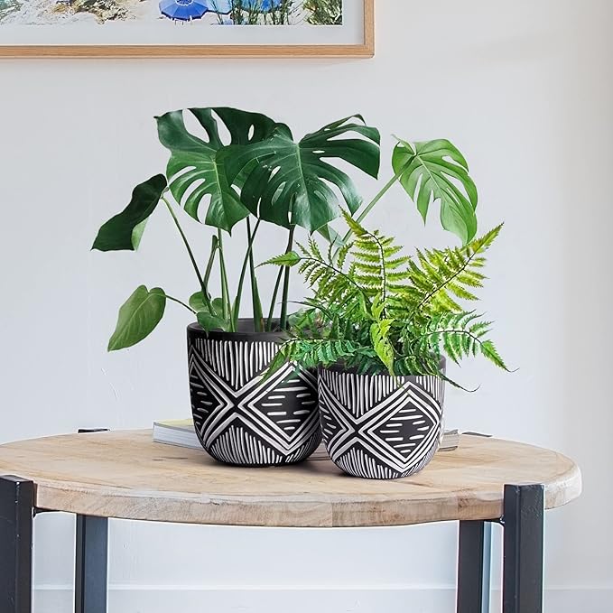 6 Inch Boho Planter Pots with Drainage Holes, 2 Pcs Terracotta Pots, Ceramic Plant Pots for Indoor Plants, Ferns, Vines, Succulents, and Outdoor Plants Growing, Gift for Plant Lovers(Black)