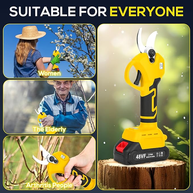 Electric Pruning Shears, Cordless Electric Scissors with 2 PCS Rechargeable 48V 2.0 Ah Batteries & 2 Blades, 1.6" Cutting Diameter Pruning Shears Garden Tool for Tree Trimming Branch Cutter(Yellow)