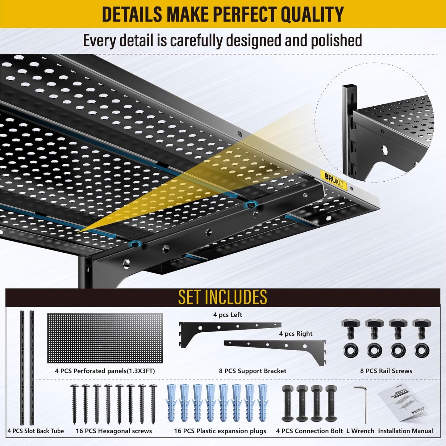 2-Pack×2 Tier 1.3x3ft Garage Shelving Wall Mounted, 800 lbs Load Capacity,15.6x36inch per Shelf Height Cassette Adjustable Floating Shelves(Total 4pcs)(Black)