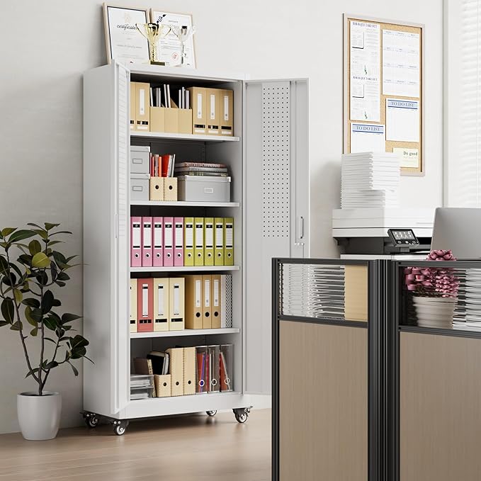 73" H Metal Storage Cabinet with Wheels, Pegboard and 4 Hooks, Garage Storage Cabinet with 4 Adjustable Shelves and 2 Lockable Doors for Garage Home Office, Basement, Assembly Required, White