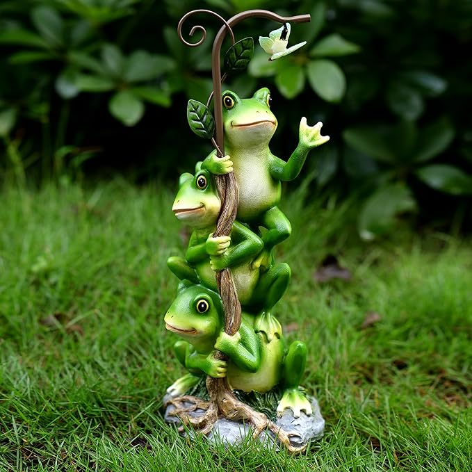 Frog Figurine Garden Decor, Solar Resin Frogs Outdoor Statue, Funny Frog Gift Sculpture Decoration for Home Patio Yard Lawn Porch Ornament
