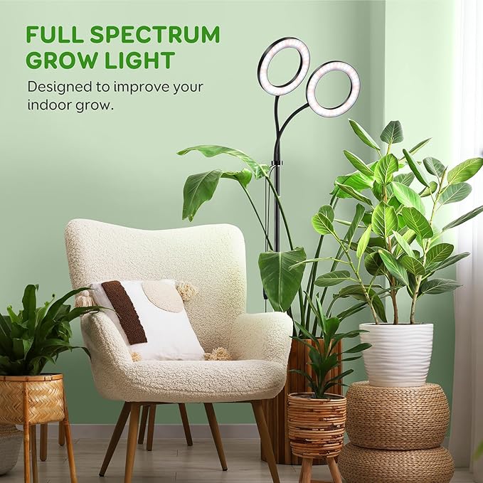 2 Head Grow Light for Indoor Plants,Full Spectrum LED Halo Plant Lights with Stand, Floor Standing Growing Lamp with Adjustable Height,Auto Timer,Dimmable Brightness for Tall Large Plant