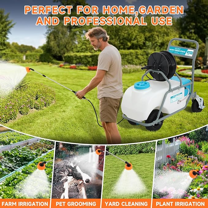 16 Gallon Battery Powered Sprayer,90 PSI Electric Pump,6 Hours Long Battery Life,12V 8Ah Battery,Adjustable HD Wand and 10 Nozzles,Portable Sprayer with Wheels for Lawn & Garden Spraying, Cleaning