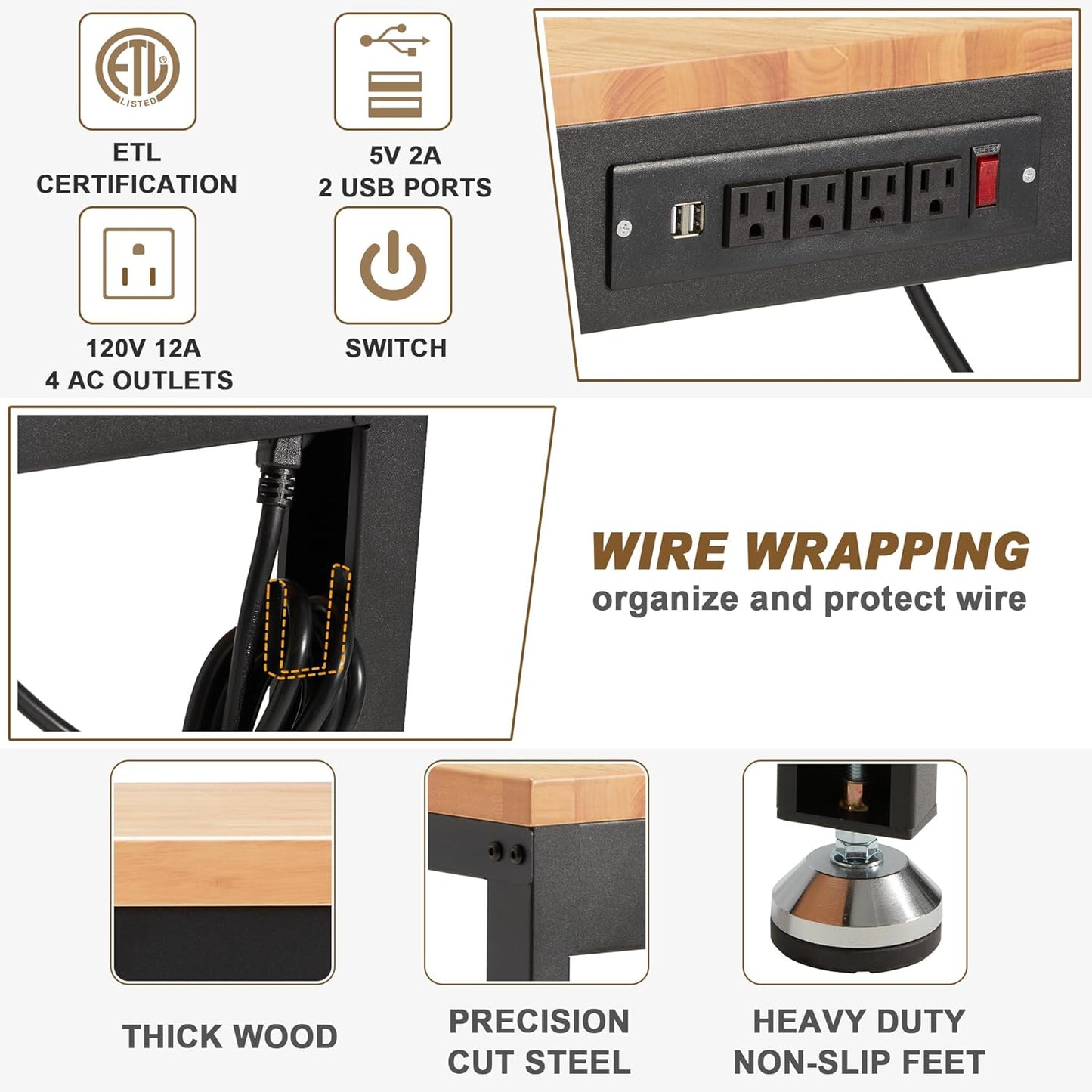 HABUTWAY Height Adjustable Workbench 48"x 24" 2000 Lbs Capacity Solid Wood Work Station Heavy-Duty Work Tables with Power Outlets for Garage Party Shop Office