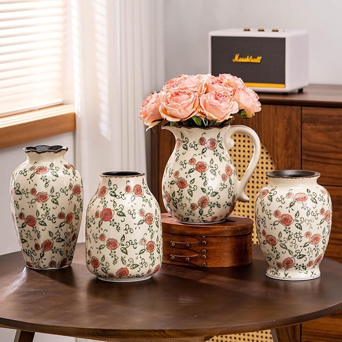 Green and White Vintage Vase with Handle, Red Rose Chinoiserie Floral Pitcher Vase, Rustic Ceramic Farmhouse Vases for Home Decor, Living Room, Bookshelf, Office, Grand Millennial Decor 7.9 Inch