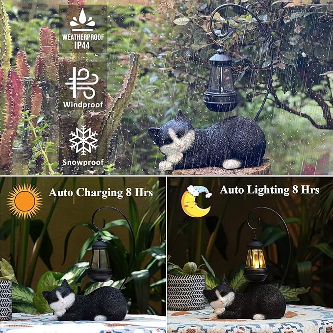 Garden Statue Solar Cat Figurine with Solar Lantern, 13" Tall Cat Statue Resin Kitten Yard Art, Cat Statues Outdoor Statue Decoration for Whimsical Lawn, Porch, Balcony, Housewarming Gifts for Mom