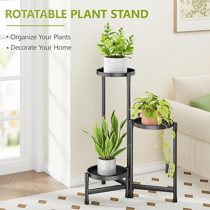 3 Tier Metal Plant Stand Indoor, Rotatable Corner Plant Shelf Outdoor, Tiered Flower Pot Display Stand, Multiple Plants Holder for Patio Living Room Balcony Garden Home Decor - Black