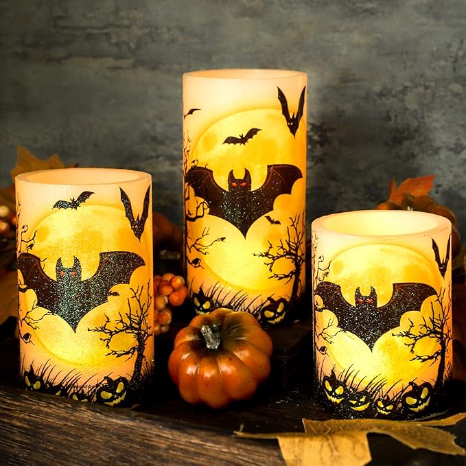 Halloween Decorations LED Candles with Bats Moon Big House Pumpkin Battery Operated Remote Timer Dim Glitter Design Real Wax Realistic Flickering Flameless Pillar for Horror Spooky Decor
