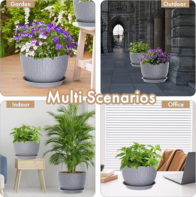12 Inch Wide Water Ripples Flower Pots for Indoor or Outdoor Plants, Large Plant Pots with Drainage Holes & Saucer, Plastic Planters Set for Garden & Home Decor (Grey with White Speckles)