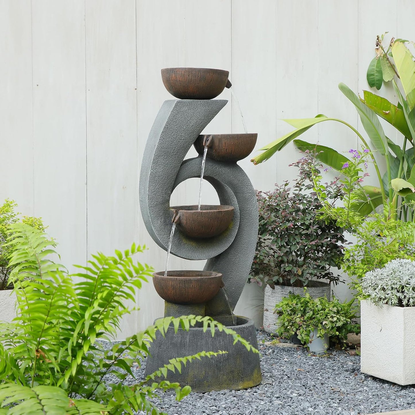 46.8''H Outdoor Water Fountains - 5-Tiered Garden Fountains Outdoor for Patio, Yard, Balcony, Porch, Modern Resin Waterfall Feature for Outside with Light, Cascading Bowl Water Feature Gray